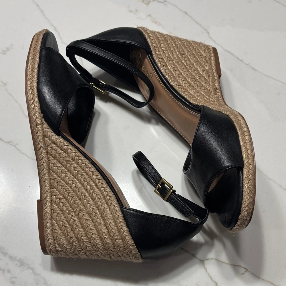 Vince Black Leather Wedge Espadrilles
